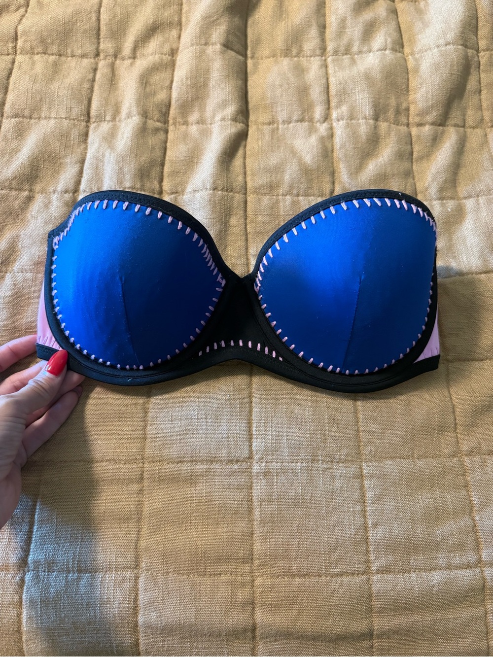 Victoria’s Secret bikini top in a pink and blue print. Size 32DD